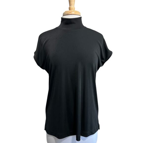 CHICOS Additions Women's L Slinky Black Travel Knit Cap Sleeve Mock Neck Top - Picture 1 of 5